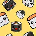 Seamless pattern with cute kawaii emoji sushi vector cartoon illustration