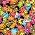 Seamless pattern with cute kawaii fast food meal. Royalty Free Stock Photo