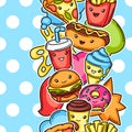 Seamless pattern with cute kawaii fast food meal.