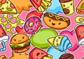 Seamless pattern with cute kawaii fast food meal. Royalty Free Stock Photo