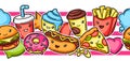 Seamless pattern with cute kawaii fast food meal.