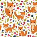 Seamless pattern cute kawaii fox, Cherry Strawberry Raspberry Blackberry Blueberry Cranberry Cowberry Goji Grape isolated on whi Royalty Free Stock Photo