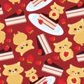Seamless pattern cute kawaii hamster with fresh Strawberry, cake decorated pink cream and chocolate icing, piece of cake on the bl