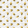 Seamless pattern Cute Kawaii Honey Bee flying in the flowers Royalty Free Stock Photo