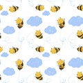 Seamless pattern Cute Kawaii Honey Bee flying in the sky