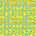 Seamless pattern with cute Kawaii lemon lime with wink eyes and pink cheeks, orange on blue mint background trend of the season.