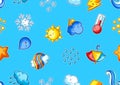 Seamless pattern with cute kawaii weather items. Funny seasonal child illustration. Royalty Free Stock Photo