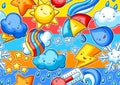 Seamless pattern with cute kawaii weather items. Funny seasonal child illustration. Royalty Free Stock Photo