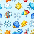 Seamless pattern with cute kawaii weather items. Funny seasonal child illustration. Royalty Free Stock Photo