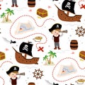 Seamless pattern with cute kid boy pirate. Cartoon child uses spyglass. Treasure hunt texture background. Different pirates