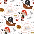 Seamless pattern with cute kid girl pirate. Cartoon child holding flag. Treasure hunt texture background. Different pirates Royalty Free Stock Photo