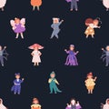 Seamless pattern with cute kids in Halloween party costumes. Black background with repeating print, funny happy children Royalty Free Stock Photo
