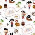 Seamless pattern with cute kids pirates. Cartoon children with sword and old map. Treasure hunt texture background. Different Royalty Free Stock Photo