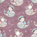Seamless pattern with cute kids sleeping on whales. Sweet dream. Vector