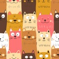 Seamless pattern with cute kitten print. Different scandy cats on color background. Scandinavian style illustration for