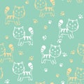 Seamless pattern with cute kitten print. Different scandy cats on color background. Scandinavian style illustration for