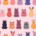 Seamless pattern with cute kitten print. Different scandy cats on color background. Scandinavian style illustration for