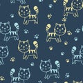 Seamless pattern with cute kitten print. Different scandy cats on color background. Scandinavian style illustration for