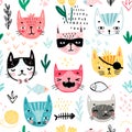 Seamless pattern with Cute kittens. Childish characters with different emotions - joy, anger, happines and others. Vector Royalty Free Stock Photo