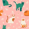 Seamless pattern with cute kittens, leaves and flowers. Creative childish texture. Vector Illustration