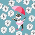 Seamless pattern with cute kitty, pink umbrella and delphinium flowers on blue background. Print for fabric, wallpaper Royalty Free Stock Photo