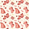 Seamless pattern with cute knitted scarves, mittens and socks. Knitting accessories and hearts