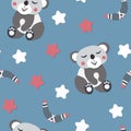 Seamless pattern with cute koala, bear baby on color background. Funny australian animals. Card for kids. Flat vector Royalty Free Stock Photo