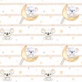 Seamless pattern with cute koala on crescent moon and stairs. Funny childish striped background for clothes, fabric.