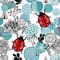 Seamless pattern with cute ladybirds and design elements in scandinavian style.