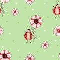 Seamless pattern with cute ladybug with flower on light green background with hearts. Vector illustration. Endless