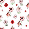 Seamless pattern with cute ladybug. Funny insects with flowers on white background. Vector illustration. Endless