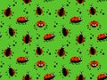 Seamless pattern with cute ladybugs in cartoon style on a green background. Vector for print Royalty Free Stock Photo