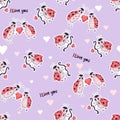 Seamless pattern with cute ladybugs. Cupid with an arrow and couple of little insects in love on purple background Royalty Free Stock Photo