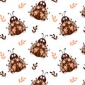 Seamless pattern, cute ladybugs with flowers and leaves ornament, brown and beige colors. Textile, print, decor for children