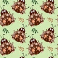 Seamless pattern, cute ladybugs with an ornament of flowers and leaves, brown-beige colors.Textile, print