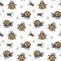 Seamless pattern, cute ladybugs and small flowers, blue-brown colors. Children\'s print, textile, kids bedroom decor