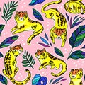 Seamless pattern with cute leopards on the pink background. Trendy style Royalty Free Stock Photo