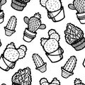 Seamless pattern cute lineart different cacti. Black ink hand drawn illustration isolated