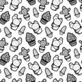 Seamless pattern cute lineart different cacti. Black ink hand drawn illustration isolated on white background