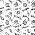 Seamless pattern cute lineart different cacti and words. Black ink hand drawn illustration