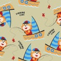 Seamless pattern with cute lion fishing on sailboat. Cute Marine pattern for fabric, baby clothes, background, textile, wrapping