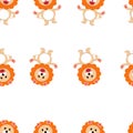 Seamless pattern with cute lion and funny cartoon zoo animals on white background Royalty Free Stock Photo