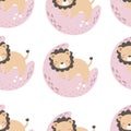 Seamless pattern with cute lion, moon, decor elements. simple flat vector. Hand drawing for children. animal theme.