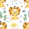 Seamless pattern with cute lions