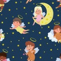Seamless pattern with cute little angels in the night sky in cartoon flat style Royalty Free Stock Photo