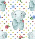 Watercolor seamless pattern. with cute little animals. baby elephant with flowers and colored polka dots on a white background Royalty Free Stock Photo