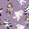 Seamless pattern with cute little animals . The Bunny the bear and Panda. Ballerinas, Vector Royalty Free Stock Photo