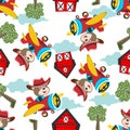 Seamless pattern of Cute little bear flying on a airplane. funny animal cartoon. Creative vector childish background for fabric Royalty Free Stock Photo