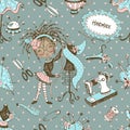 Seamless pattern with cute little black dressmaker with sewing mannequins. Vector.