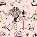 Seamless pattern with cute little black dressmaker with sewing mannequins. Vector.